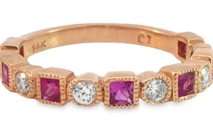 14R Square Pink Sapphire and Round Diamond Bezel Set Band sz 6.5