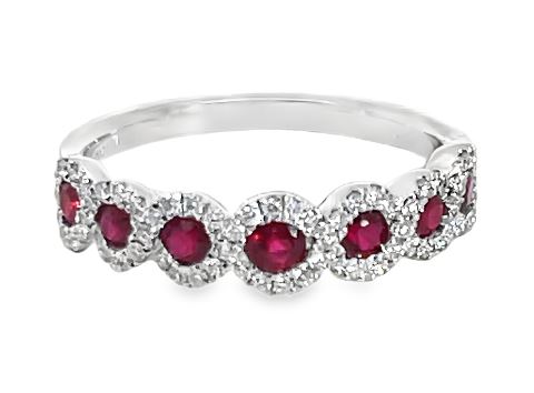 14W 7 Stone Round Ruby Band with Infinity Style Diamond Halos sz 6.5