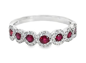 14W 7 Stone Round Ruby Band with Infinity Style Diamond Halos sz 6.5