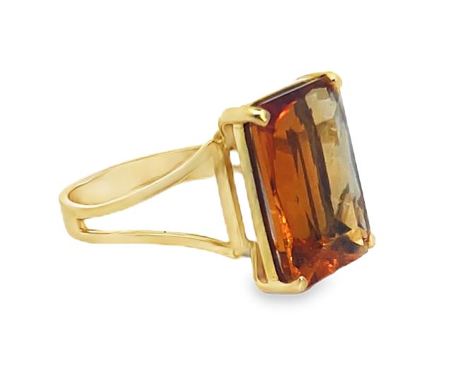 18Y Modified Emerald Cut Citrine Ring with Split Shank sz 7.5