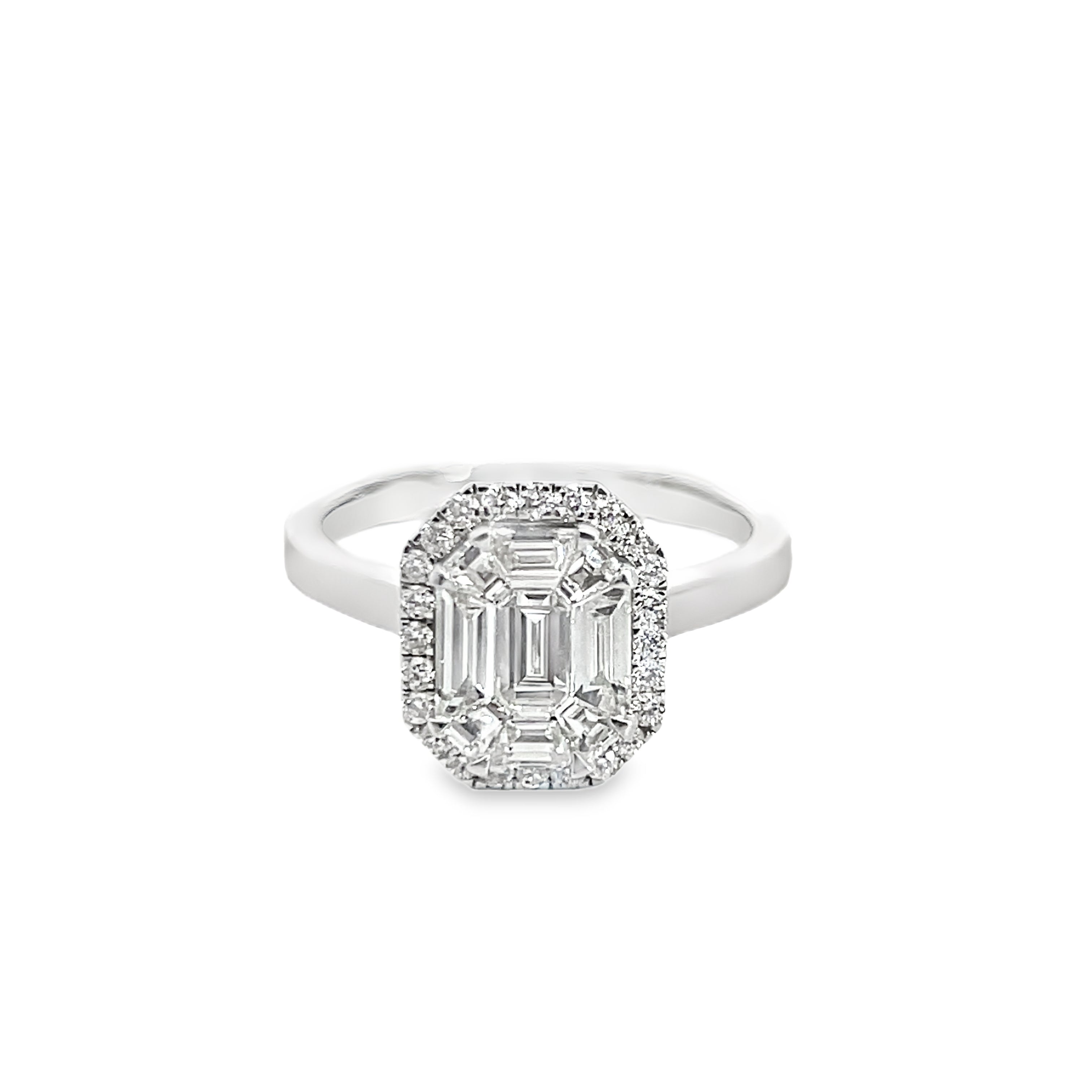 18W Composite Style Emerald Cut Diamond Ring with Halo sz 7