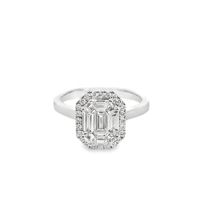 18W Composite Style Emerald Cut Diamond Ring with Halo sz 7