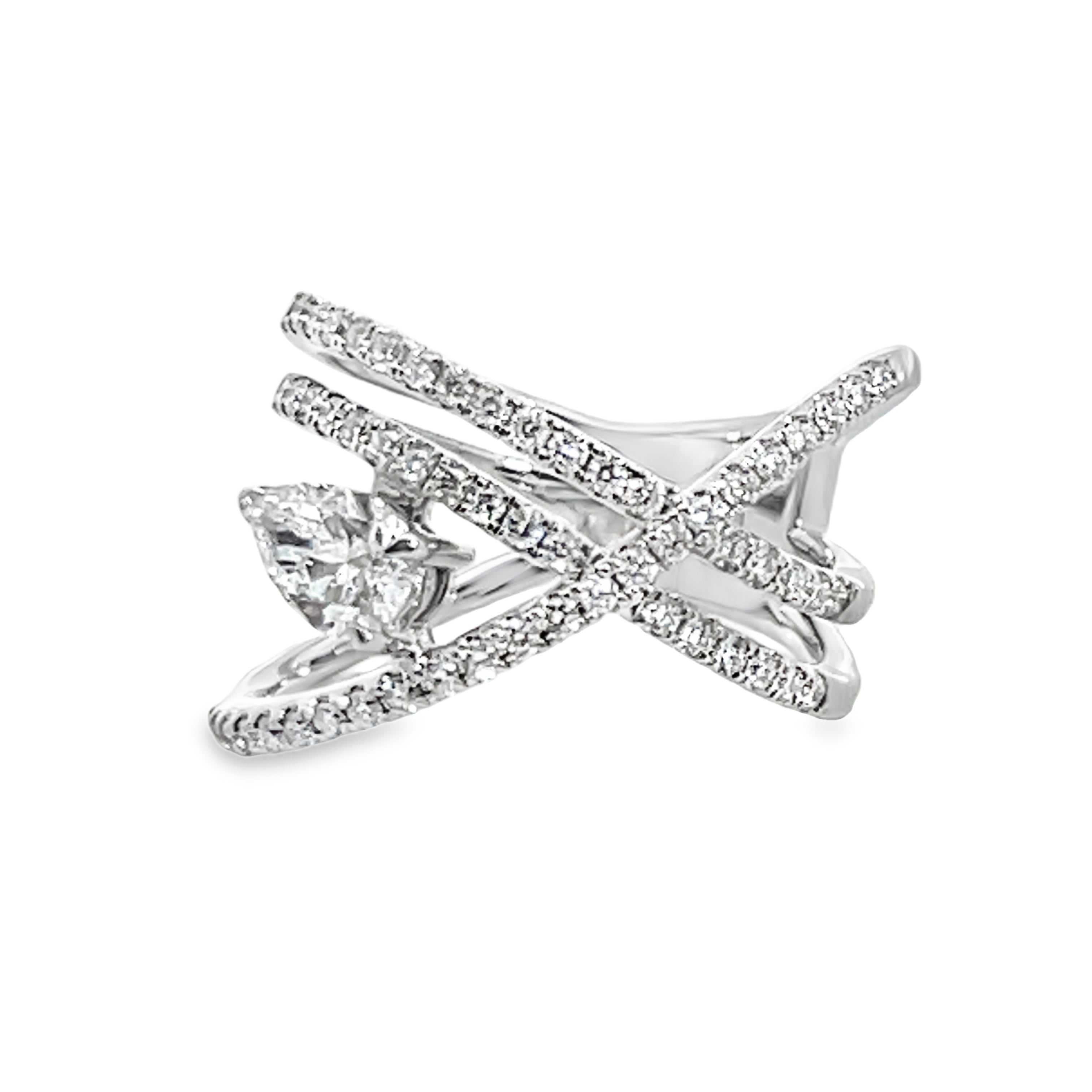14W Three Band Ring with Large Pear Shape Diamond Offset sz 6.5
