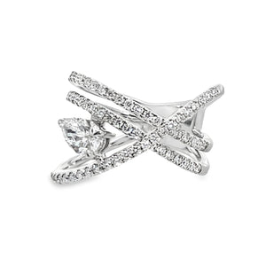 14W Three Band Ring with Large Pear Shape Diamond Offset sz 6.5