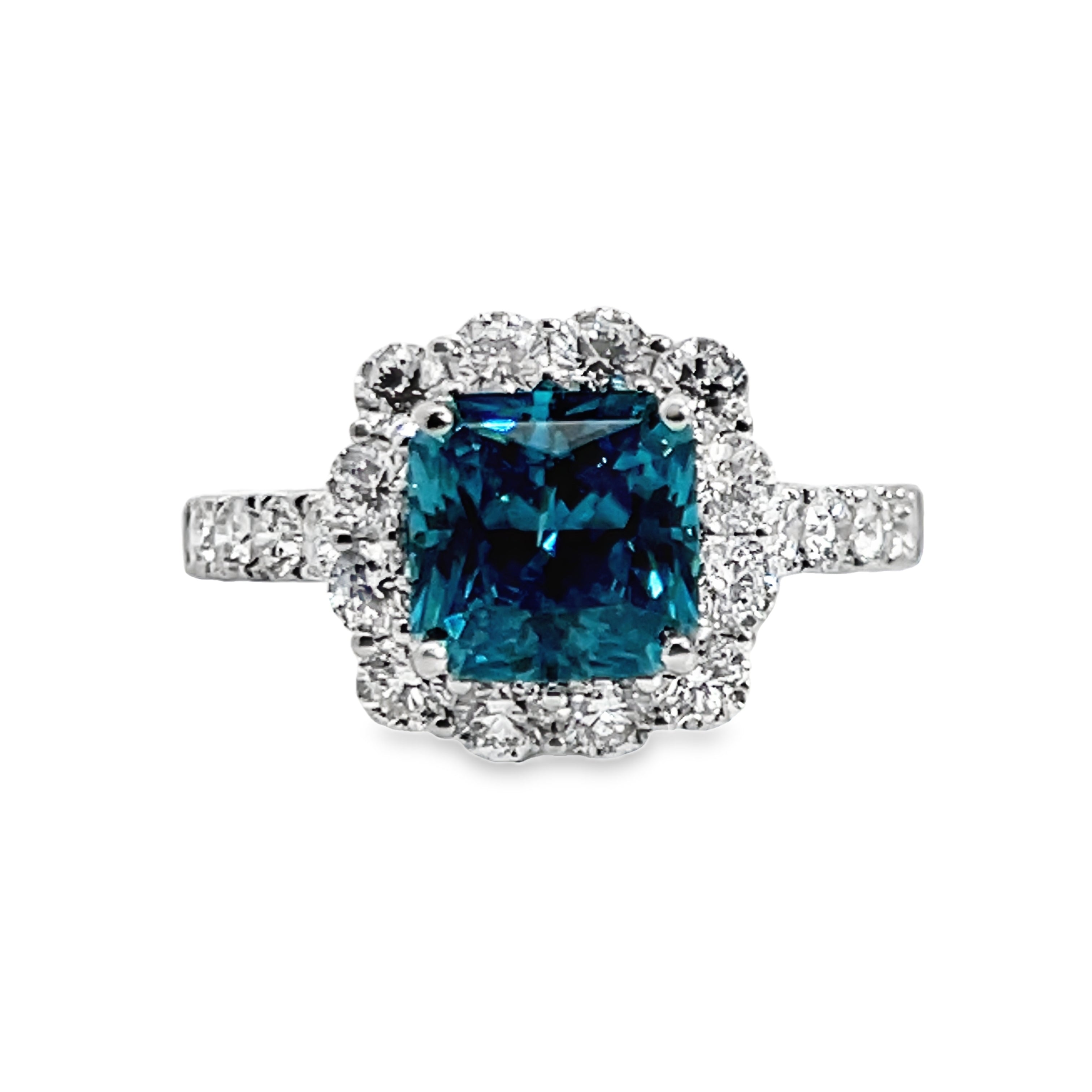 18W Cushion Blue Zircon and Diamond Halo Ring with Scroll work Accents sz 7