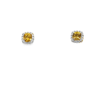 14W Round Yellow Sapphire Studs with Cushion Diamond Halo
