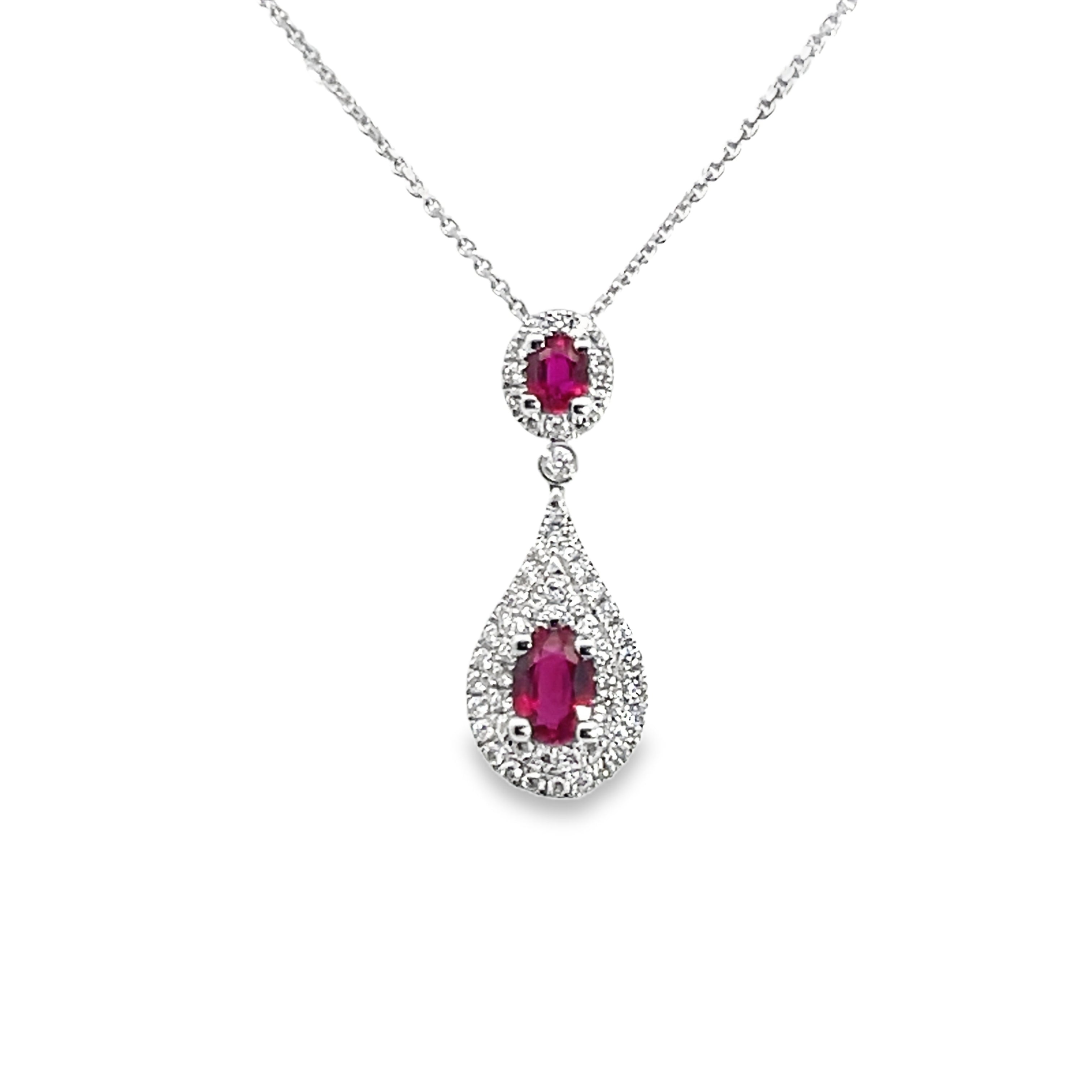 18W Oval Rubies Pendant with Diamond Halos, 2nd Ruby with Double Pear Halo on 18" Chain