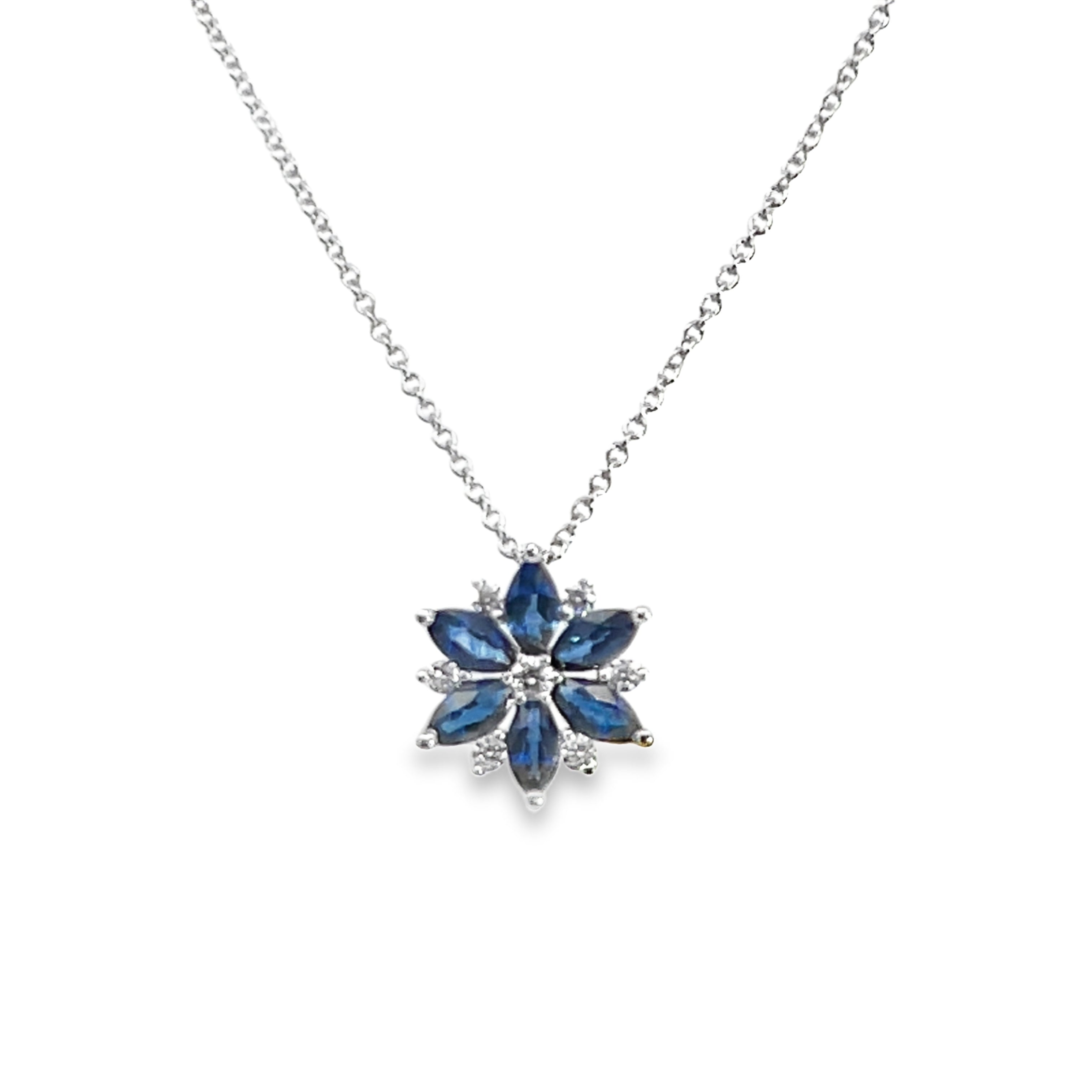 18W Flower Shaped Blue Sapphire Pendant with Round Diamond Accents