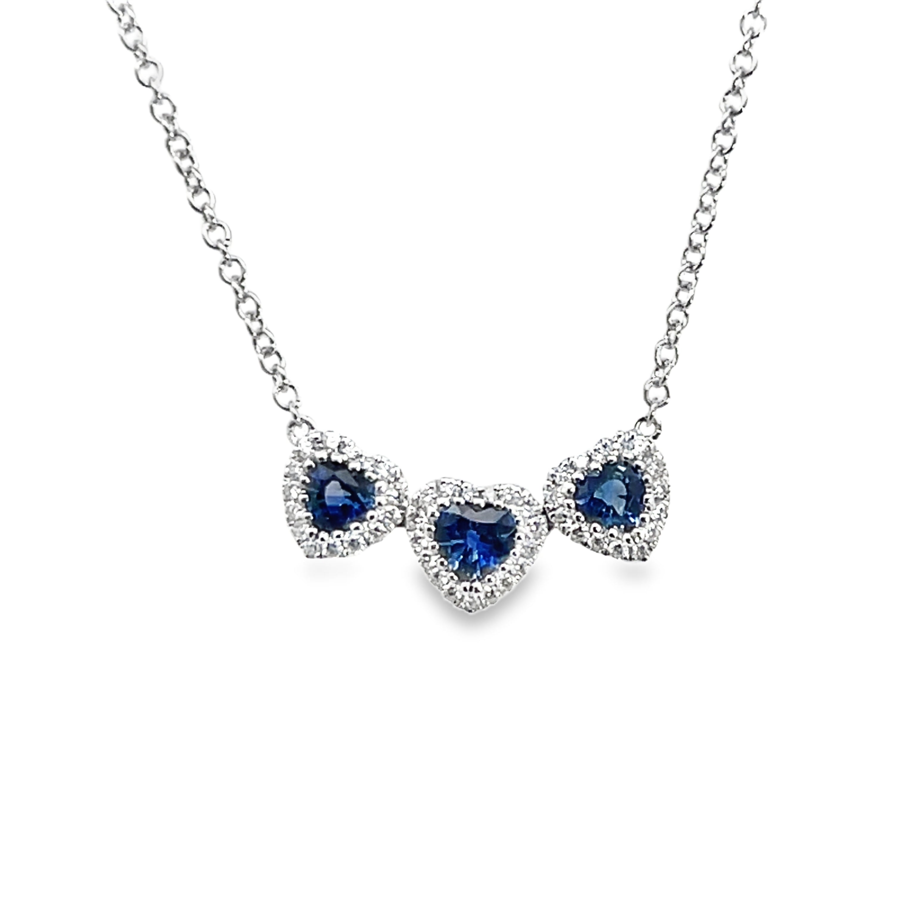 18W Three Stone Blue Sapphire Heart Necklace with Diamond Halos