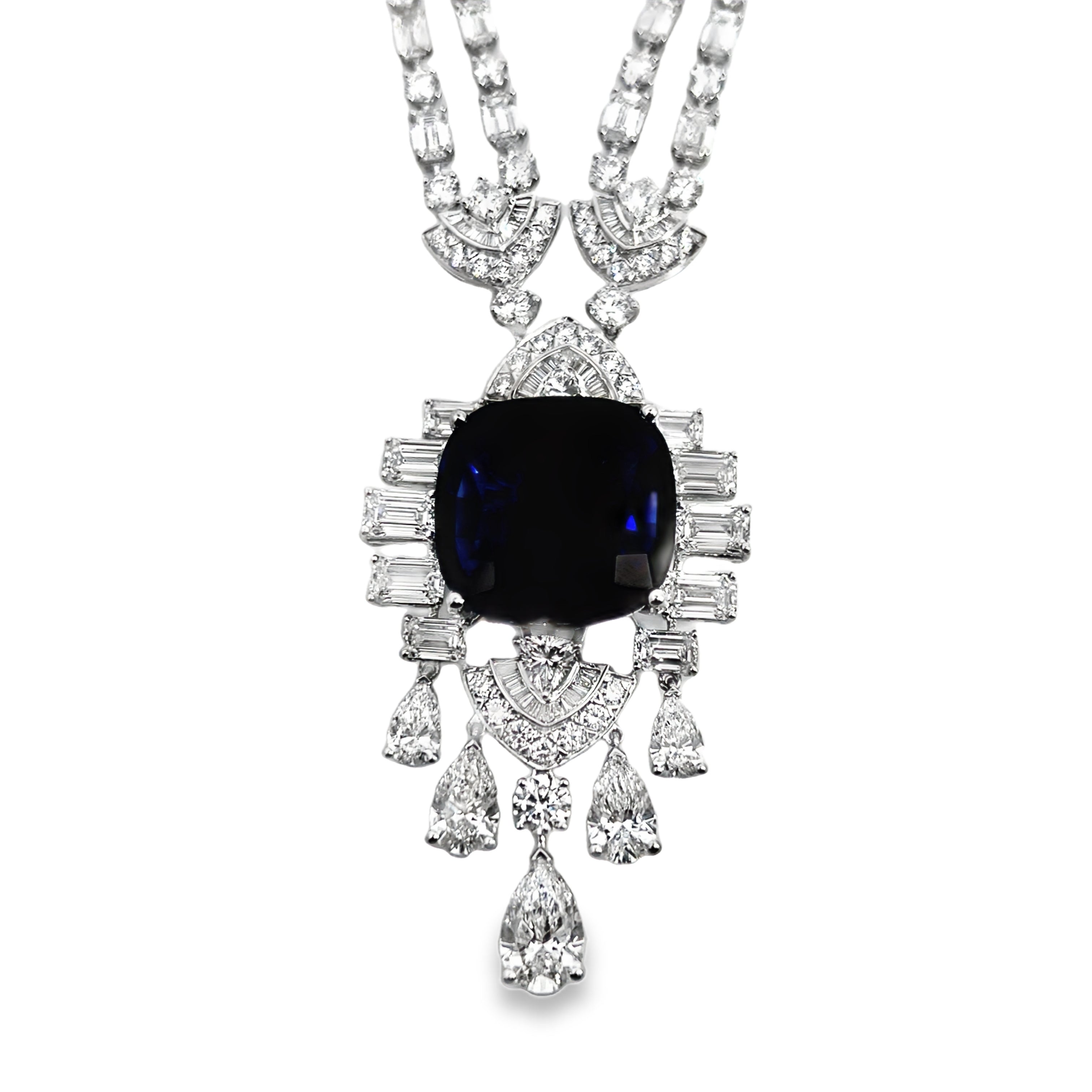 18W Cushion Cut Lab Grown Blue Sapphire and Diamond Fancy Necklace