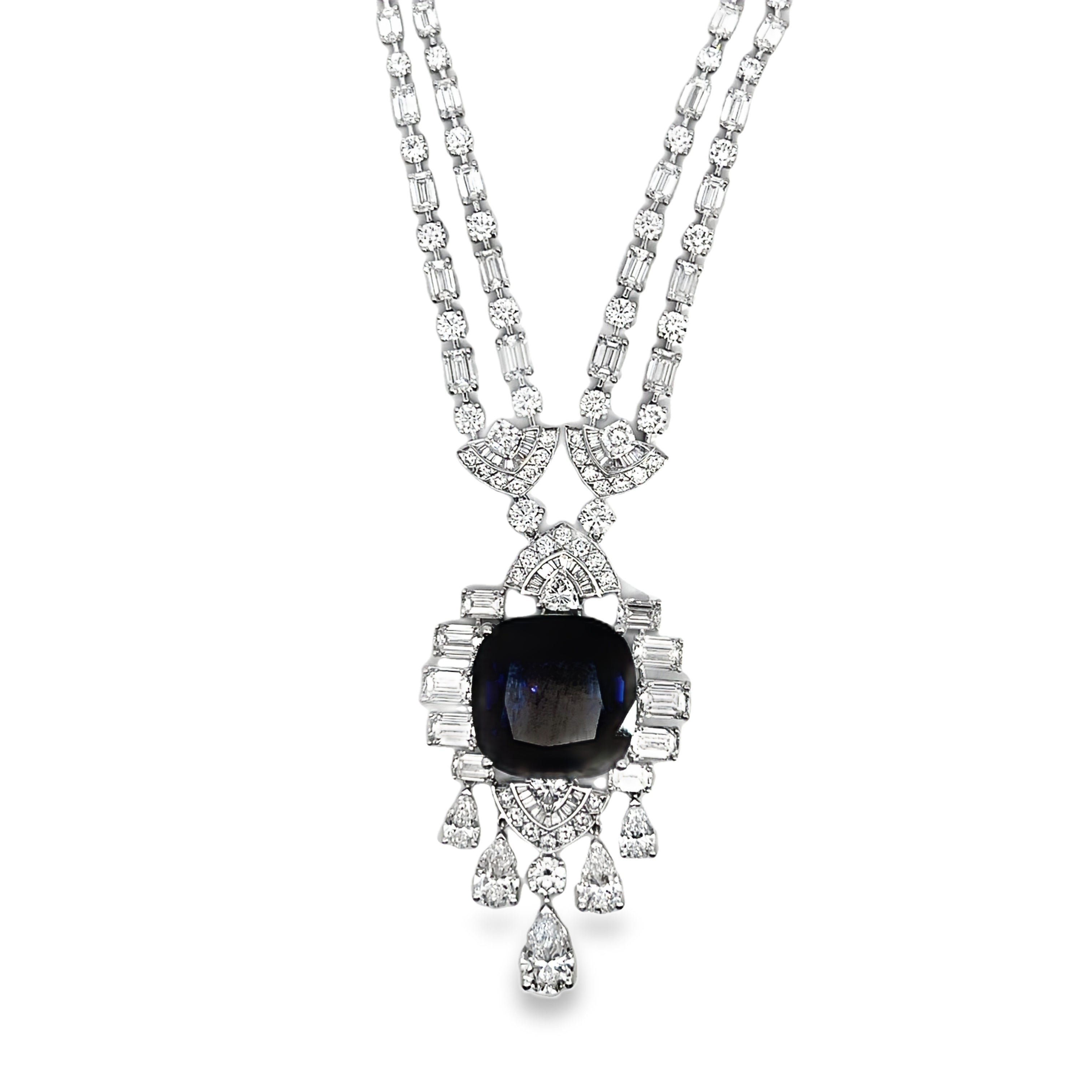 18W Cushion Cut Lab Grown Blue Sapphire and Diamond Fancy Necklace