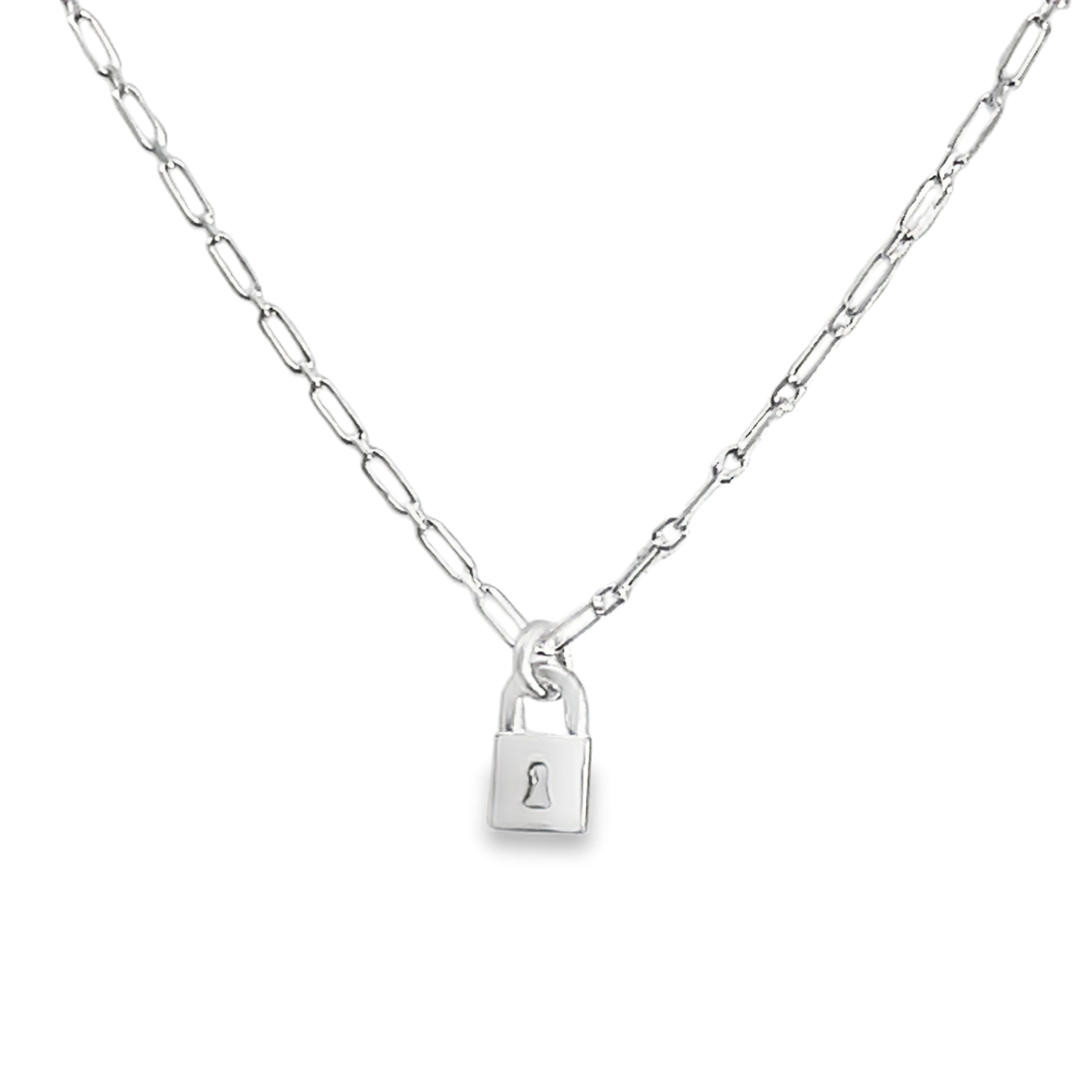 Sterling Silver Lock Pendant on a Paperclip Style Chain 18"