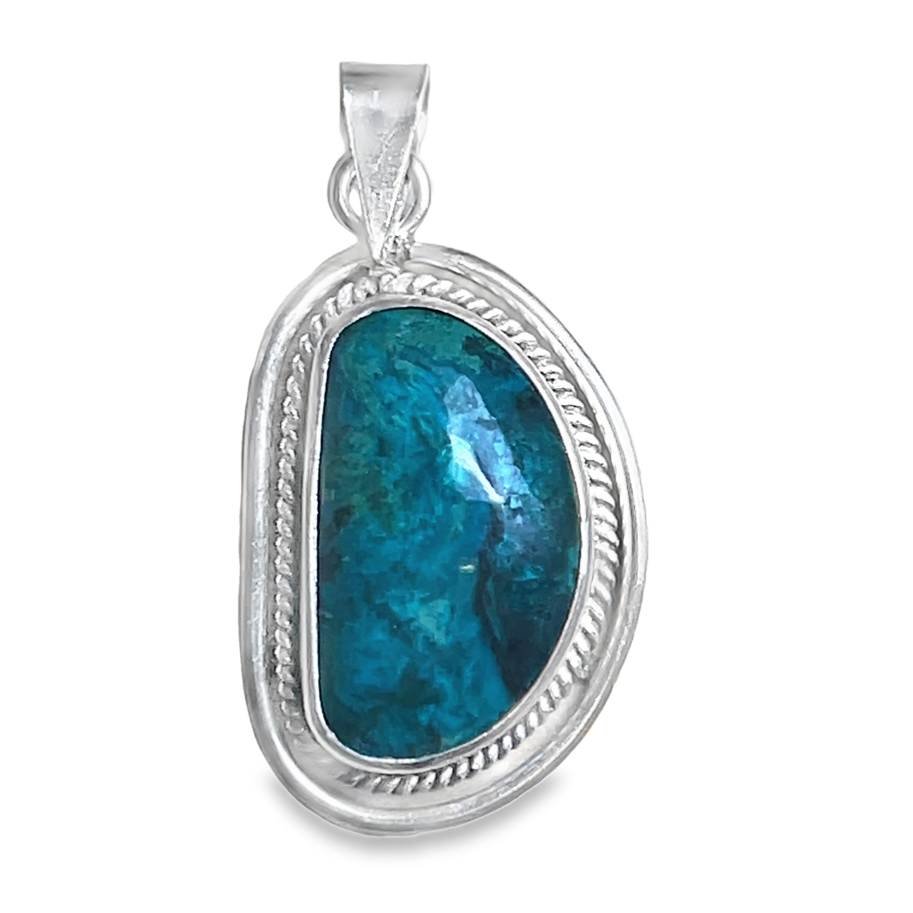 Sterling Silver Chrysocolla Pendant with Half Moon Shape and Twisted Border