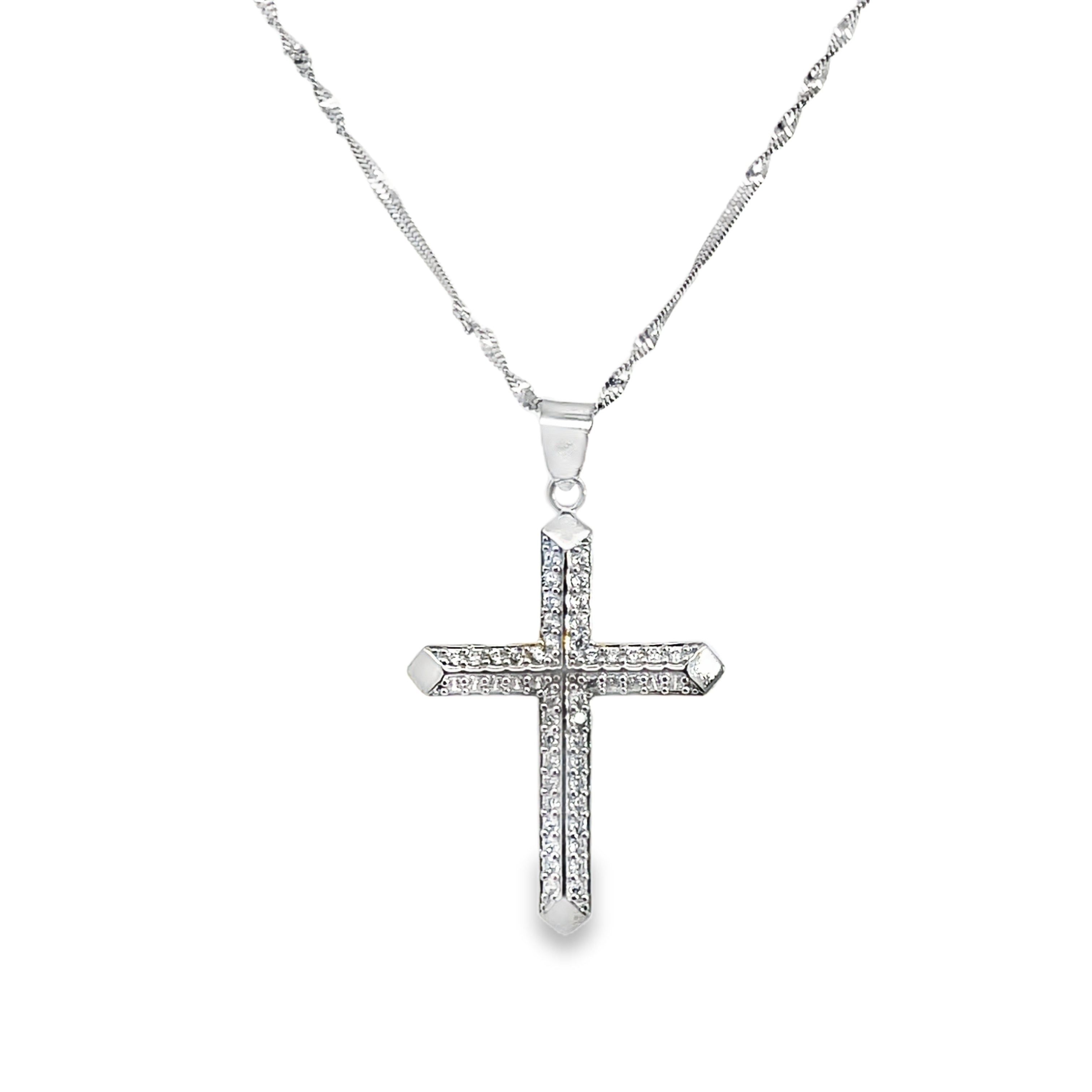 18W 1 1/4" Double Row Bead Set Diamond Cross Pendant