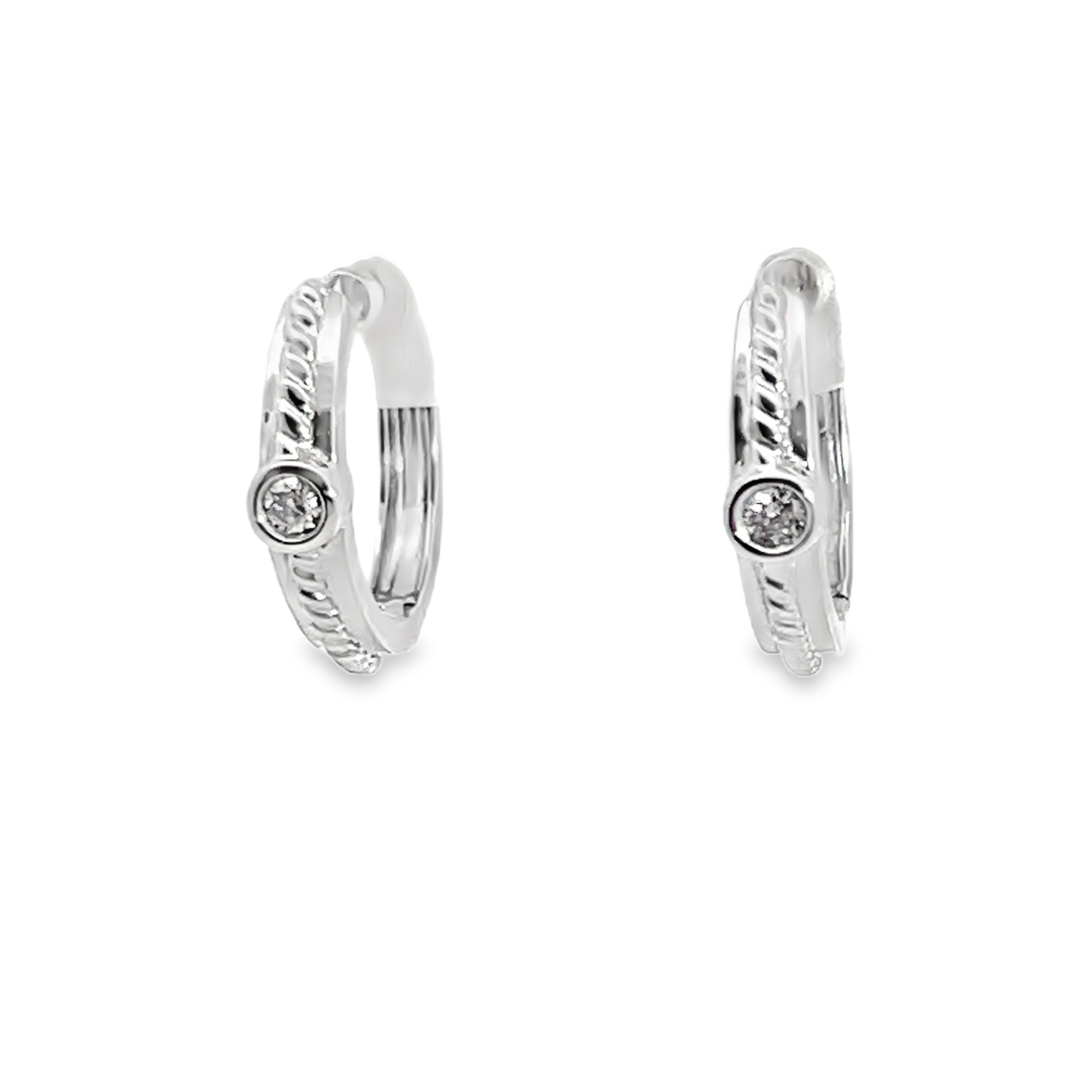 14W Round Diamond Accented Bezel Rope Hoop Huggies