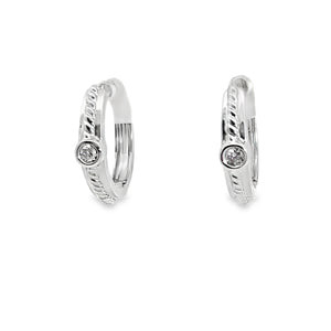 14W Round Diamond Accented Bezel Rope Hoop Huggies