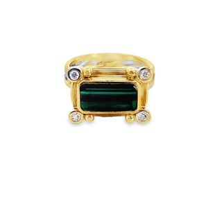 18TT Bezel Bar Green Tourmaline and Diamond Ring sz 5