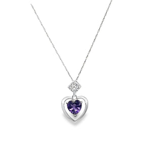 10W Amethyst Heart Pendant with Round Diamond Accents 18"