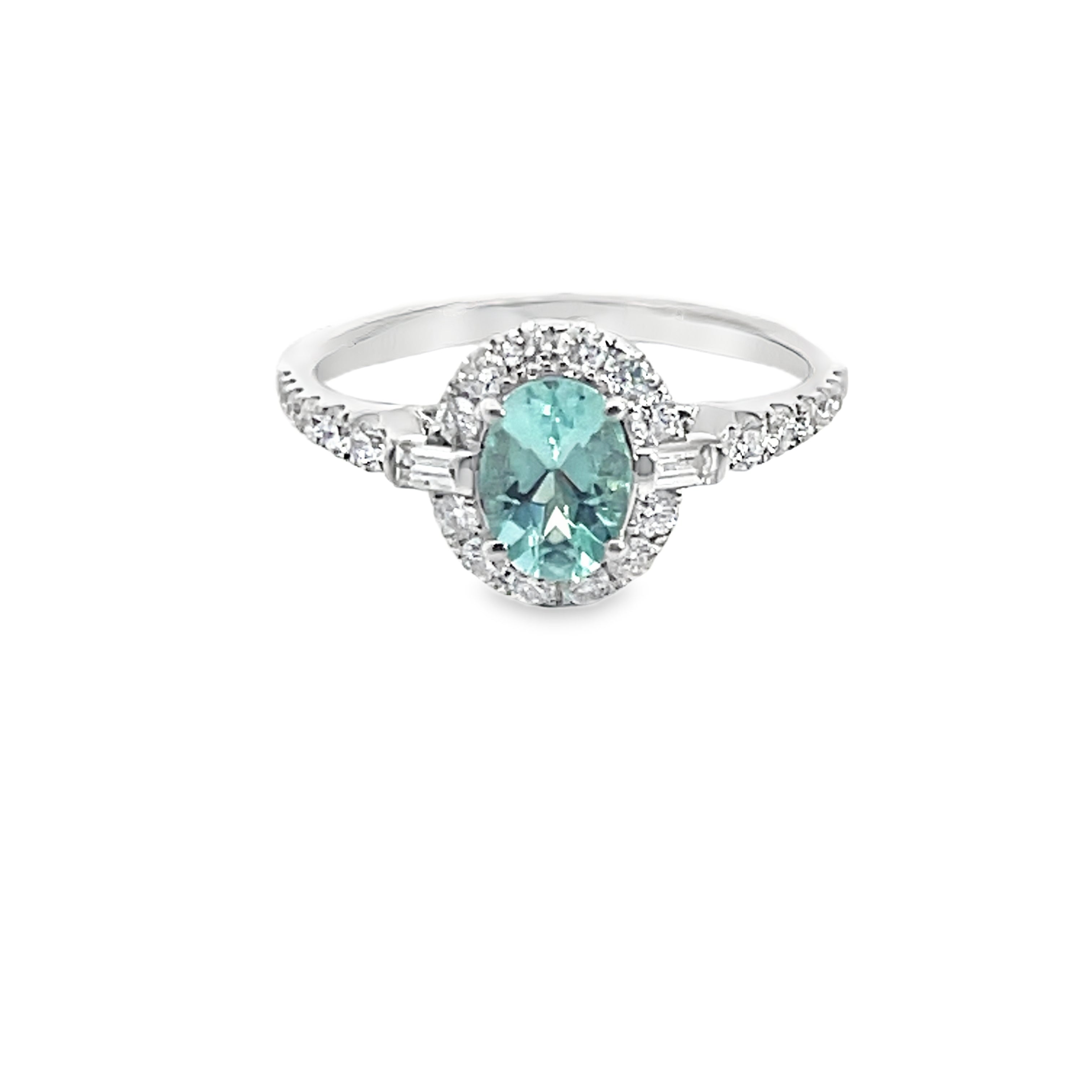 18W Oval Paraba Tourmaline Ring with Diamond Halo and Baguette Accents sz 7