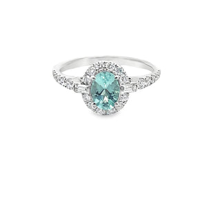 18W Oval Paraba Tourmaline Ring with Diamond Halo and Baguette Accents sz 7