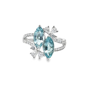 14W Double MQ Aquamarine Ring with Rose Cut and Round Diamonds sz 7