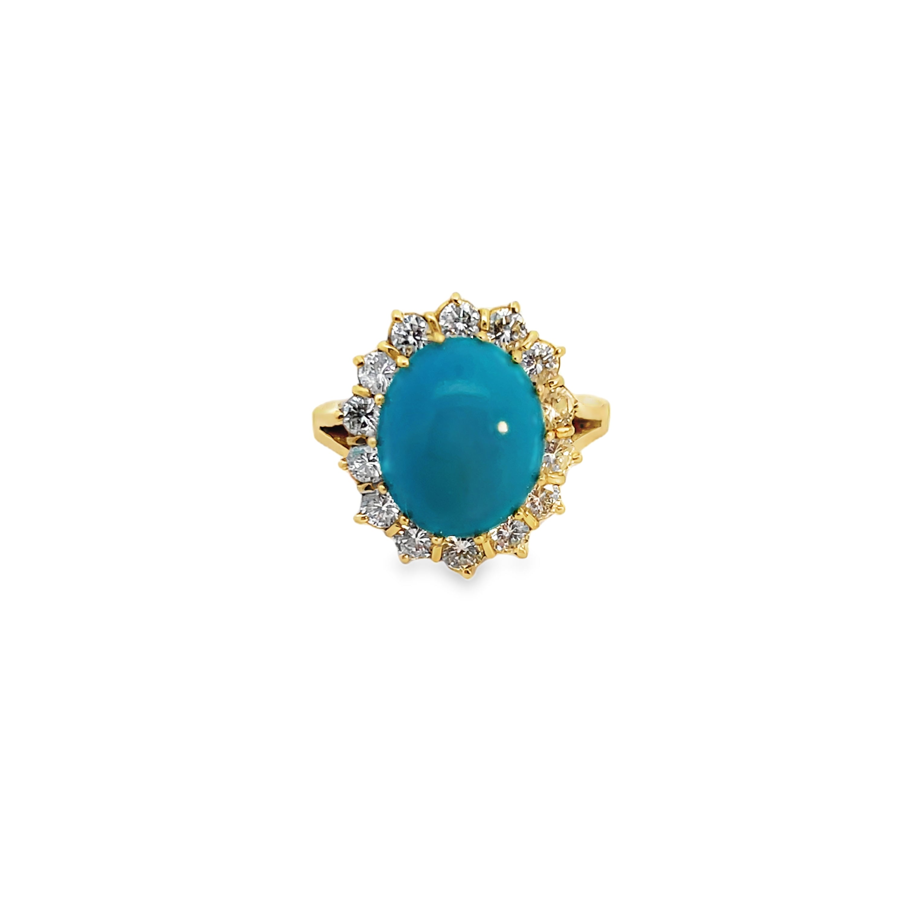 14Y 13x11 Oval Cab. Turquoise Ring with Diamond Halo and Split Shank sz 7