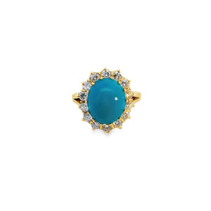 14Y 13x11 Oval Cab. Turquoise Ring with Diamond Halo and Split Shank sz 7