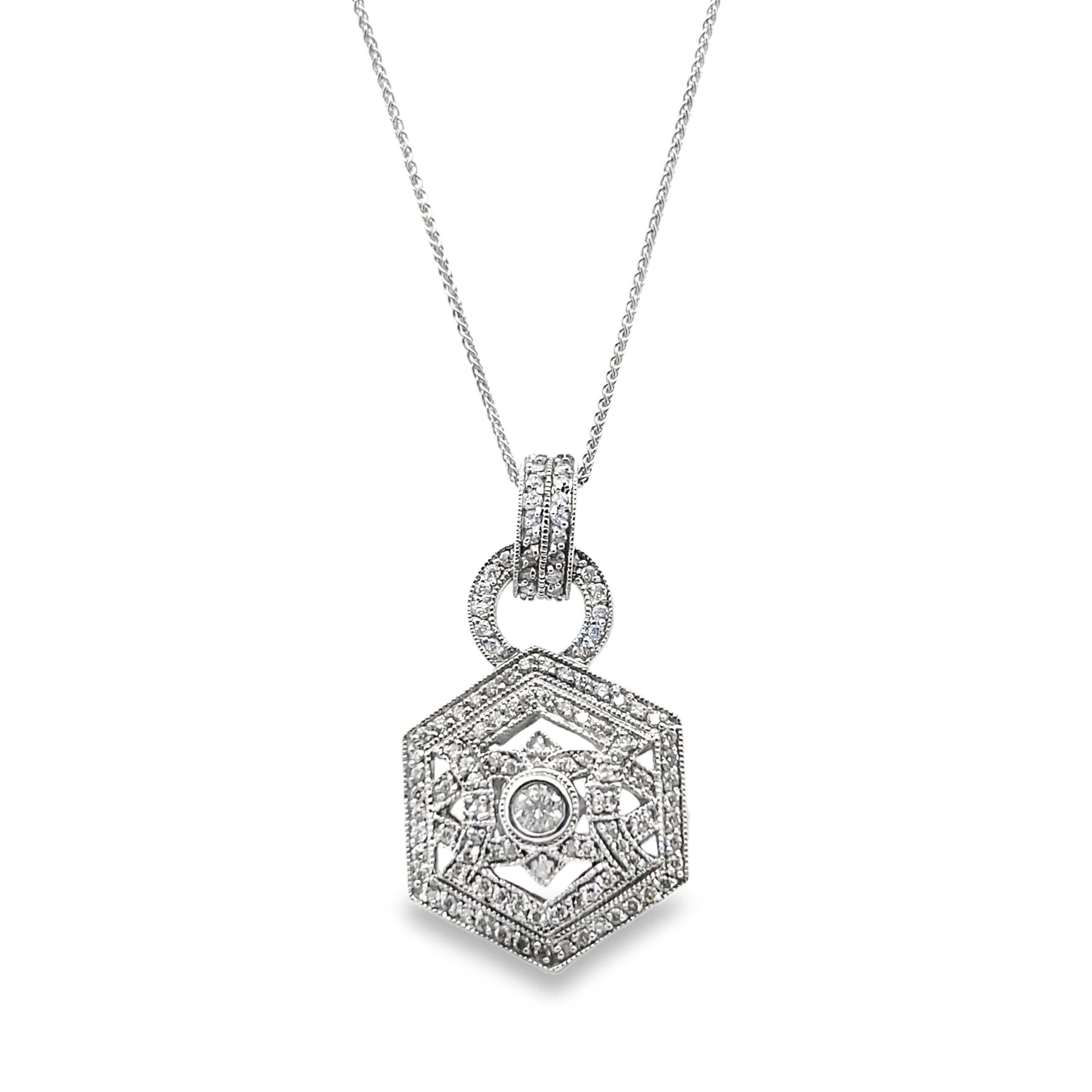 14W Bead Set Diamond Hexagon Vintage Style Pendant