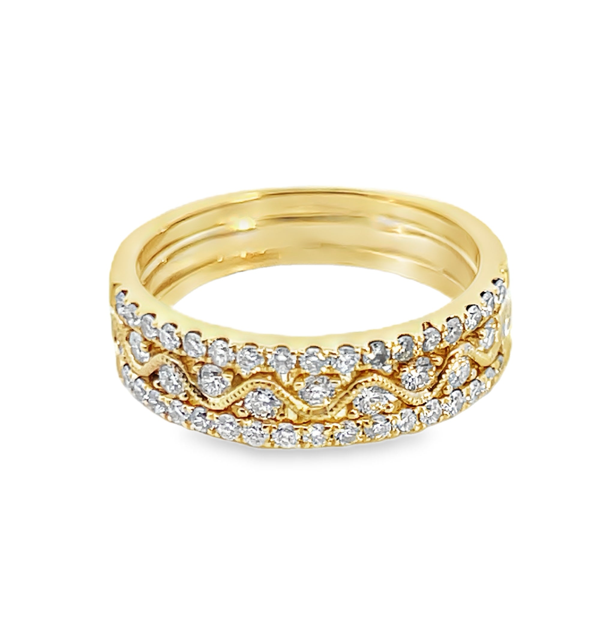 14/18KY .70ctw Stacked Diamond Band with Wavy 14K Center and Pave Outer-Rows sz 6.5