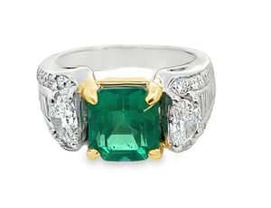 Platinum 18Y 3.18ct Brazilian Emerald Ring with Half Moon Diamonds, Baguettes, and Round Diamonds sz 7