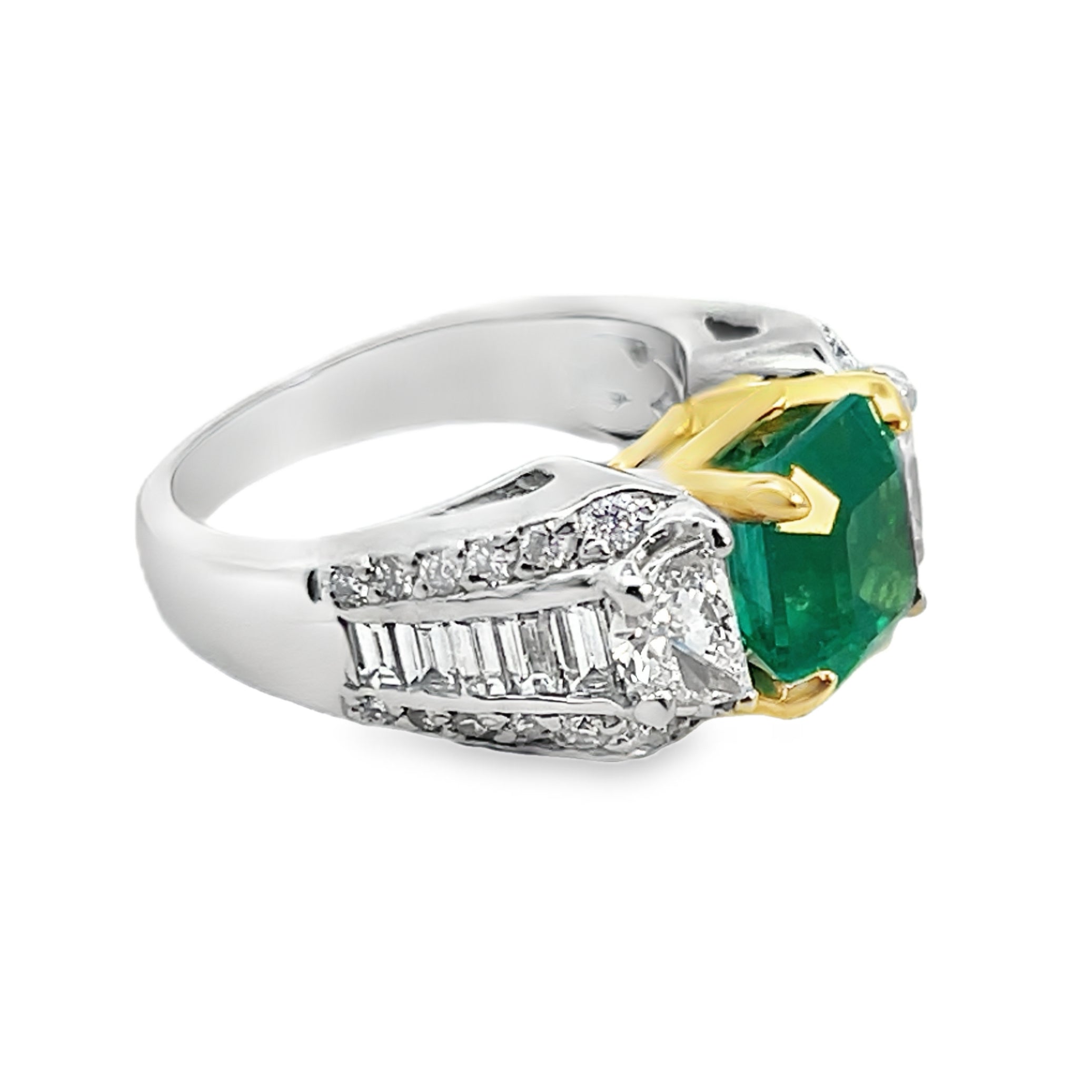 Platinum 18Y 3.18ct Brazilian Emerald Ring with Half Moon Diamonds, Baguettes, and Round Diamonds sz 7