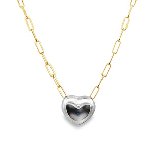 14TT Reversable Puffed Heart Pendant with 14Y Paperclip Chain