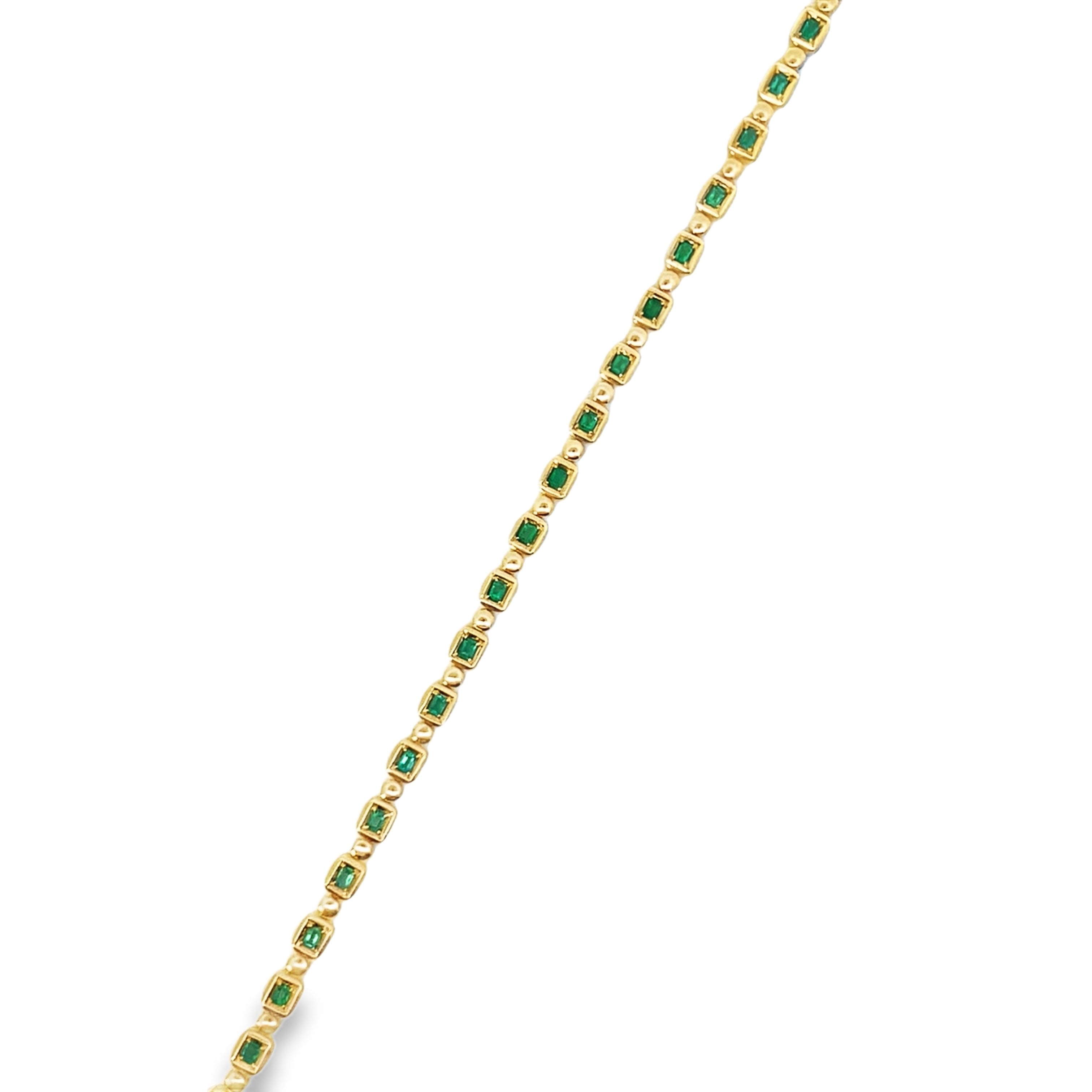 14Y Alternating Cushion Shaped Bezels with Round Emeralds and Round Solid Section Bracelet