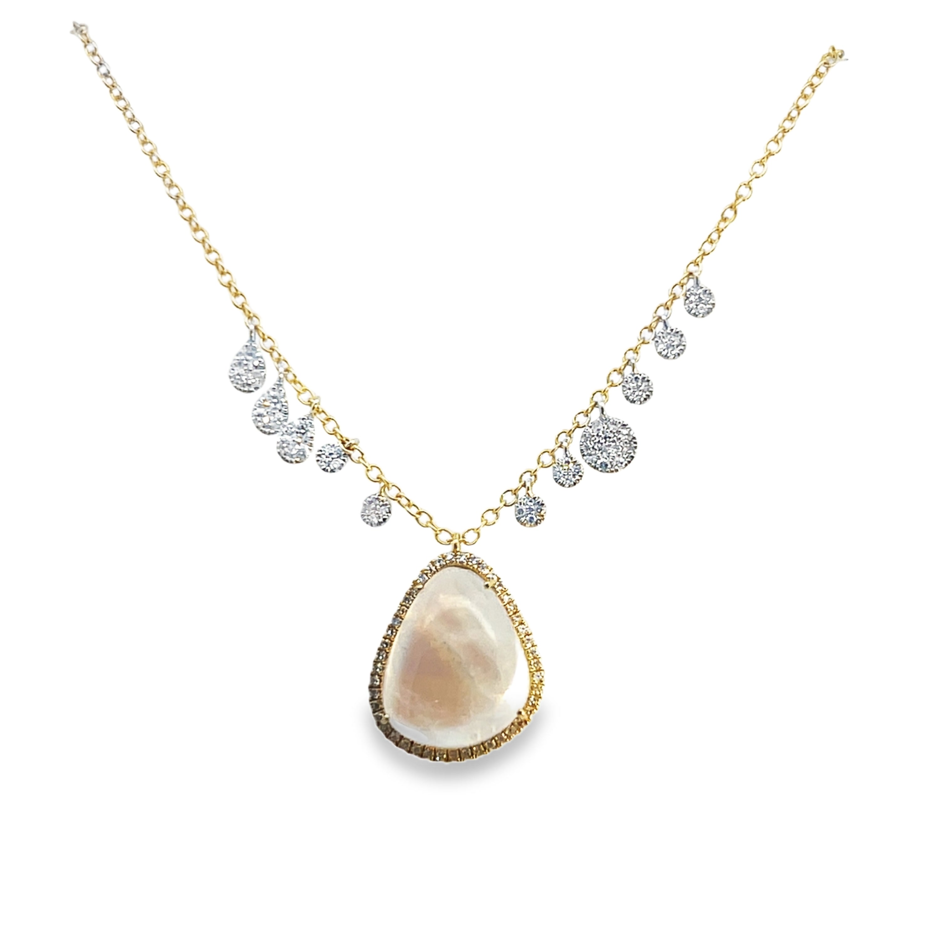 14Y 4.47ctw Moonstone and Diamond Necklace with Round and Pear Shaped Charms