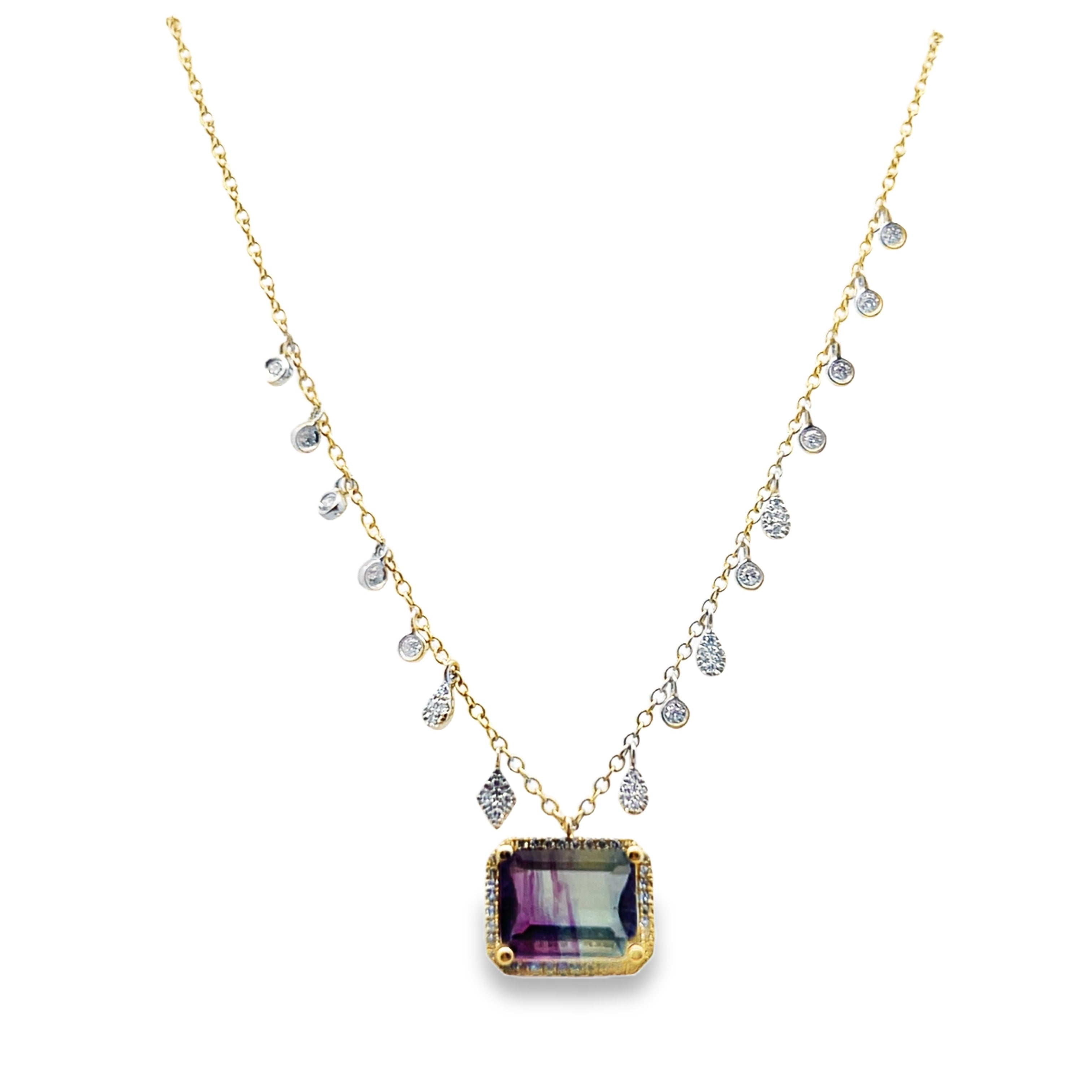 14Y 2.54ctw Bi-Color Fluorite Necklace with Multi Shape Diamond Dangles