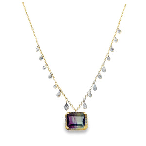 14Y 2.54ctw Bi-Color Fluorite Necklace with Multi Shape Diamond Dangles