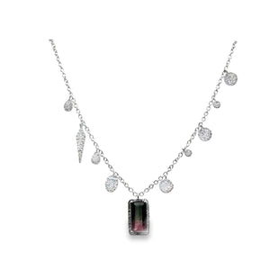 14W 1.49ctw Watermelon Tourmaline Necklace with Multi Shape Diamond Dangles