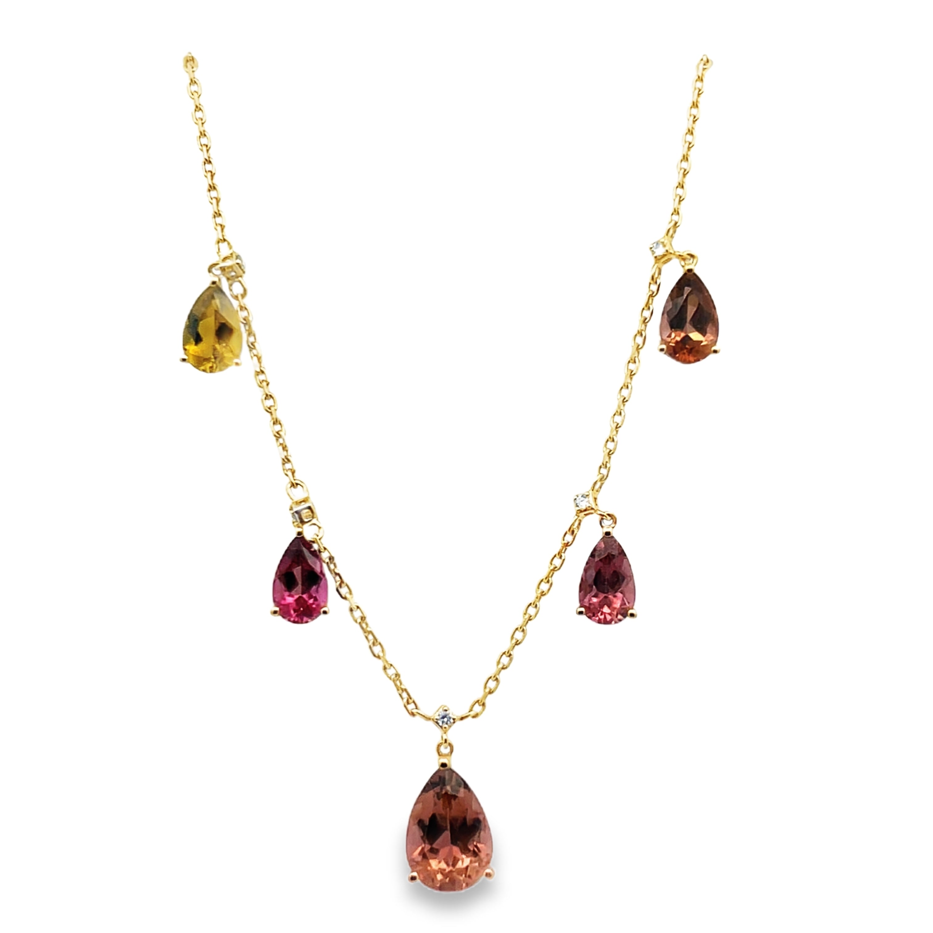 14Y 5 Multicolor Pear Tourmaline and Diamond Drop Necklace