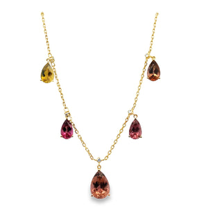 14Y 5 Multicolor Pear Tourmaline and Diamond Drop Necklace