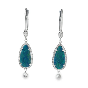 14W 1.95ctw Pear Shaped Opal Doublet Earrings with Diamond Halo, Dangling Diamond and Lever Backs