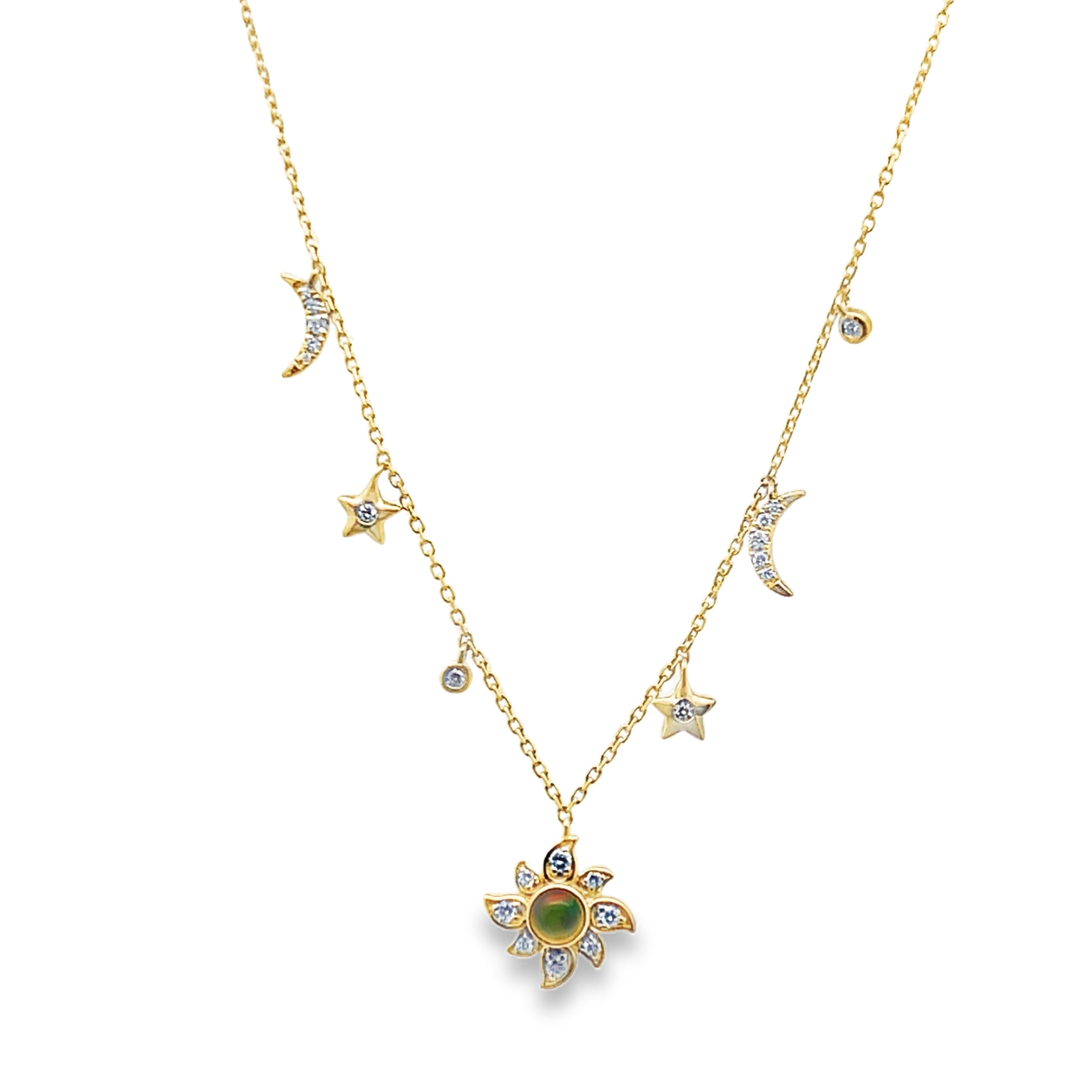 14Y Ethiopian Opal Celestial Necklace with Sun and Moon Diamond Accented Charms