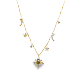 14Y Ethiopian Opal Celestial Necklace with Sun and Moon Diamond Accented Charms