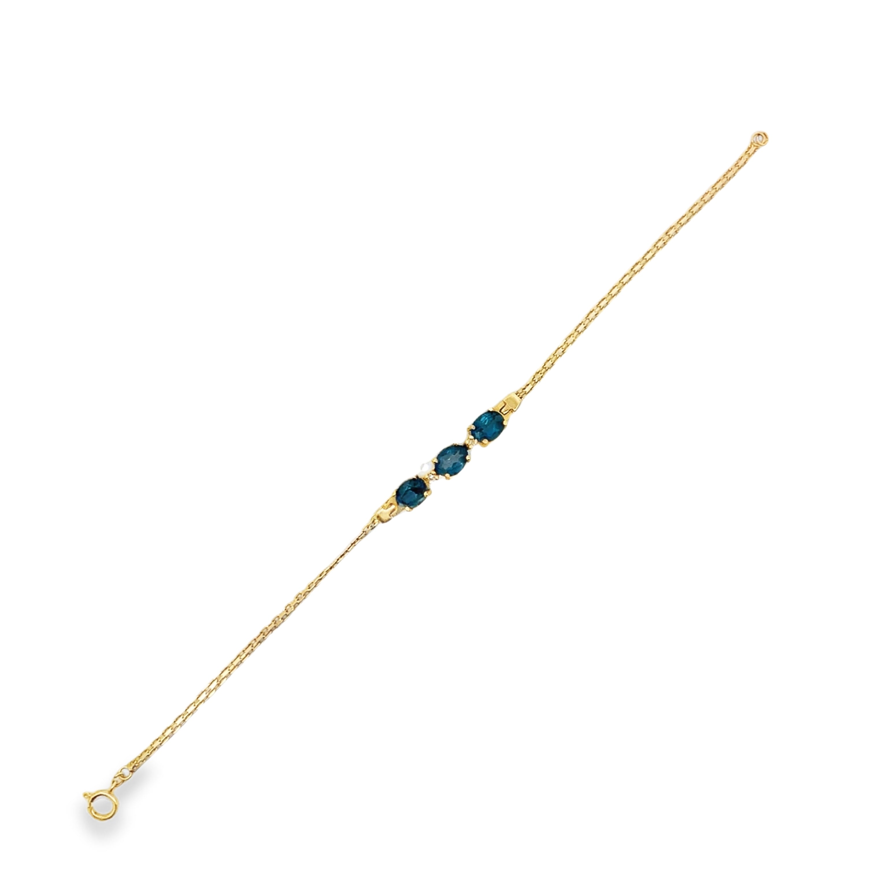 14Y Oval 3 Stone Blue Topaz and Diamond Accent Curved Bar Bracelet 7"