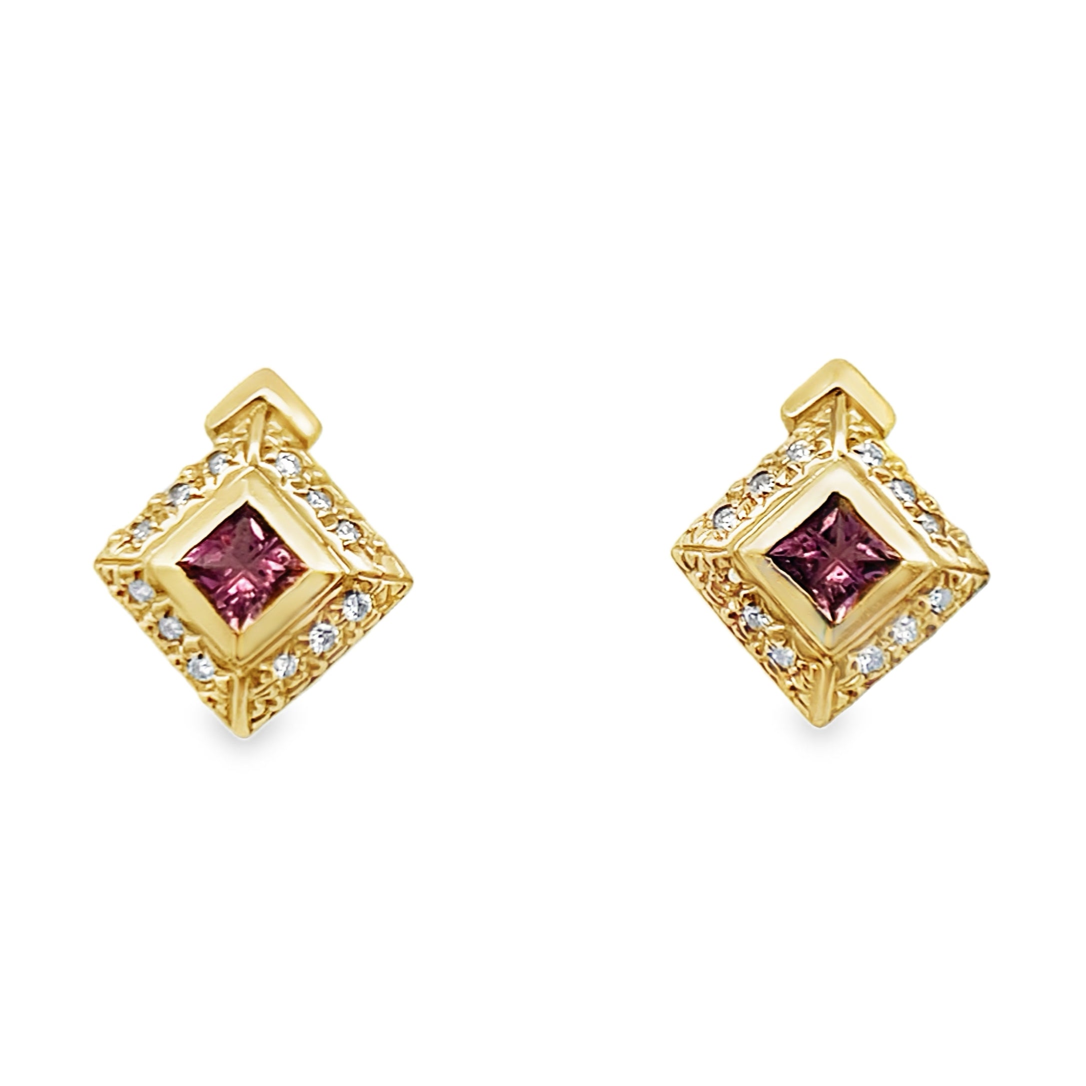 14Y Invisible Set Pink Stone Diamond Shaped Halo Earrings