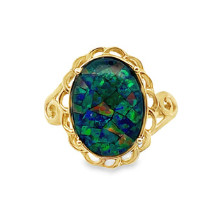 10Y Opal Mosaic Style Cabochon Ring with Rounded Filigree sz 7