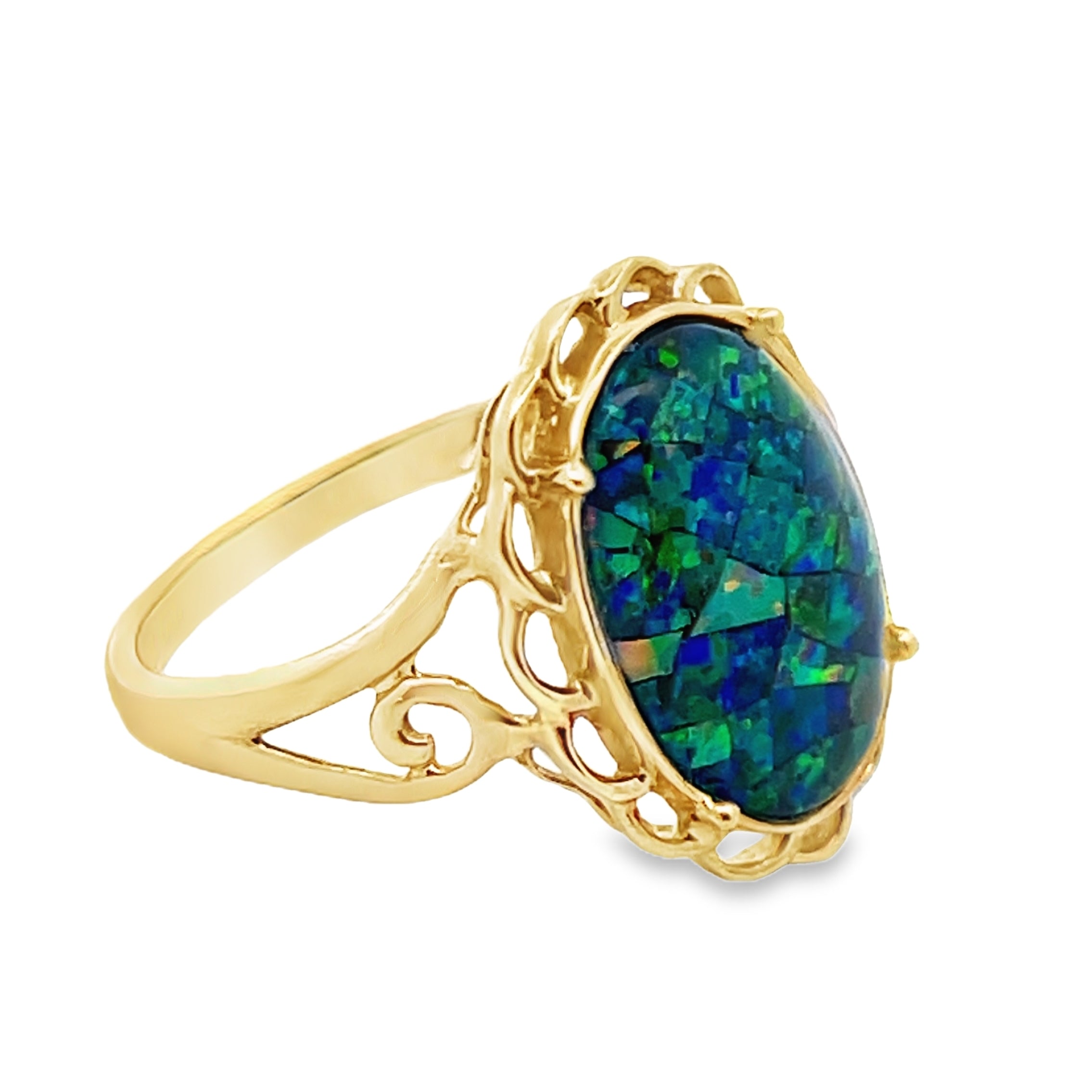 10Y Opal Mosaic Style Cabochon Ring with Rounded Filigree sz 7
