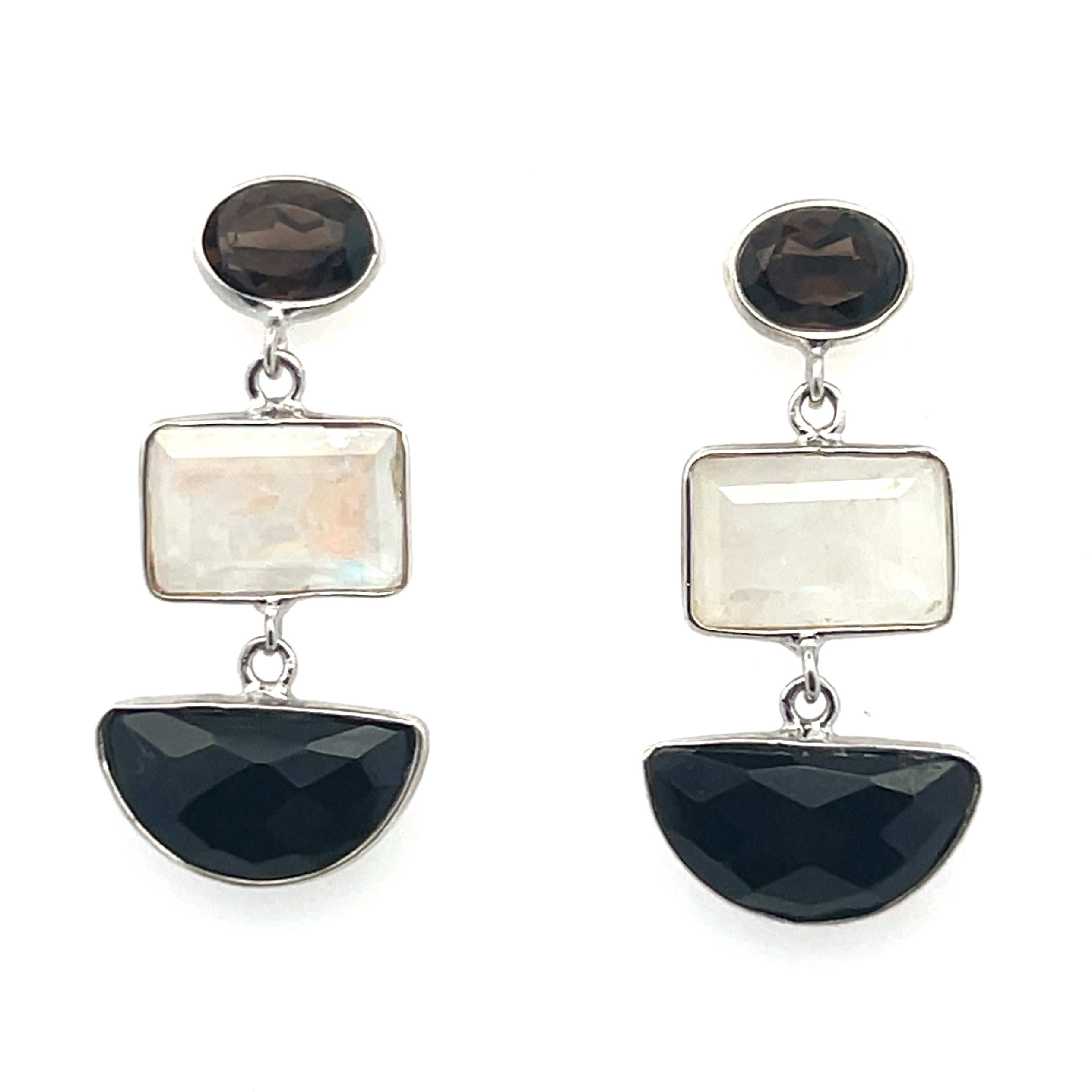 Sterling Silver Smoky Quartz, Rainbow Moon and Onyx Geometric Drop Earrings