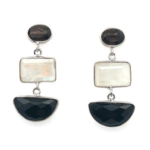Sterling Silver Smoky Quartz, Rainbow Moon and Onyx Geometric Drop Earrings
