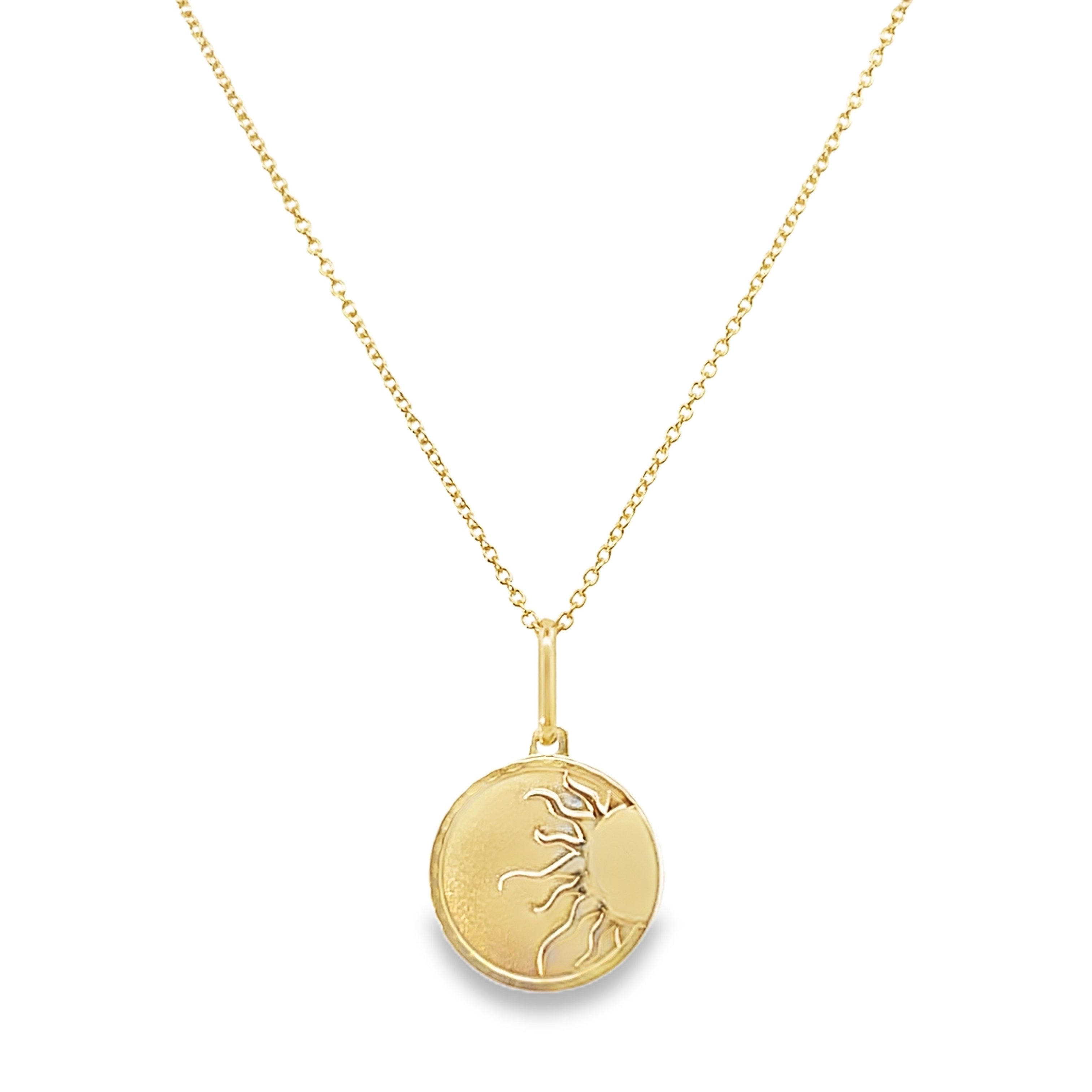14Y Polished Sun Token Pendant on 1.1mm Cable Chain 18"