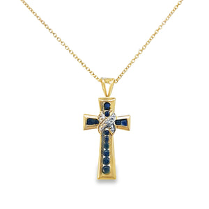14Y Channel Set Round Sapphire Cross Pendent with Diamond Accents on 1.1mm Chain 18"